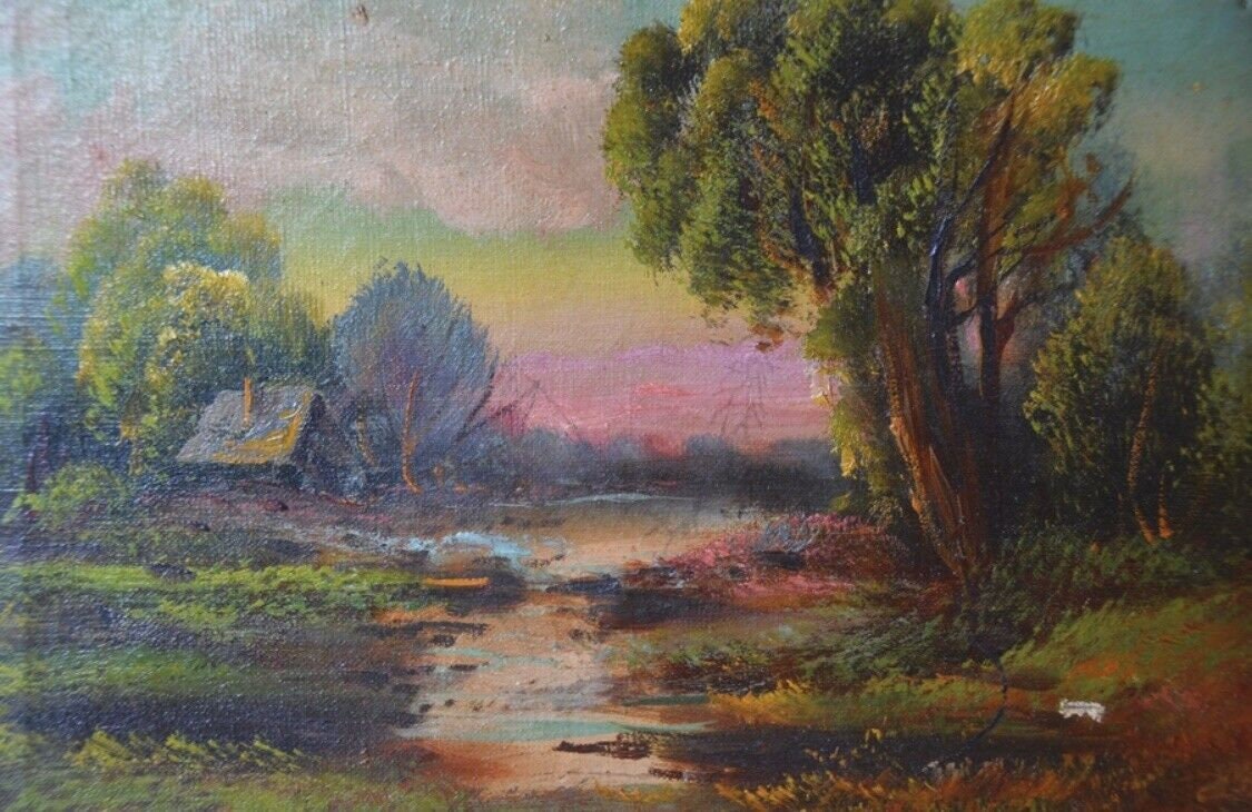 Victorian Signed Oil Painting on Canvas Landscape Original Water Gilt Wood Frame