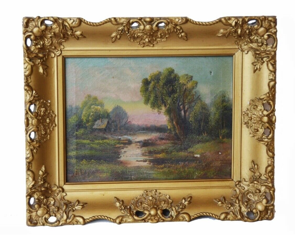 Victorian Signed Oil Painting on Canvas Landscape Original Water Gilt Wood Frame