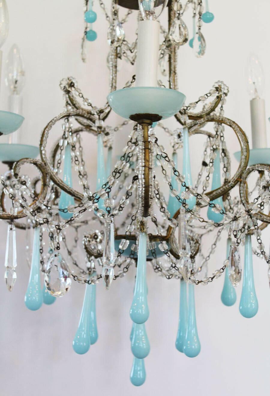 Rare Italian Beaded Antique Aqua Opaline Chandelier