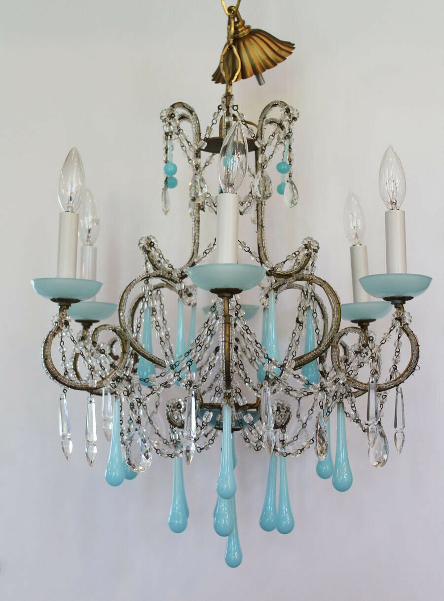Rare Italian Beaded Antique Aqua Opaline Chandelier