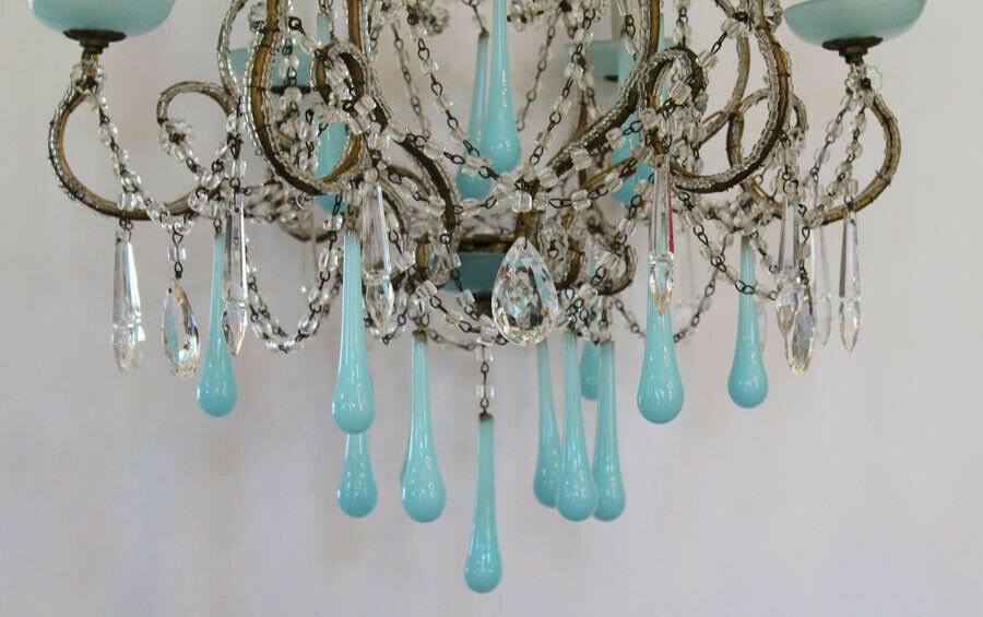 Rare Italian Beaded Antique Aqua Opaline Chandelier