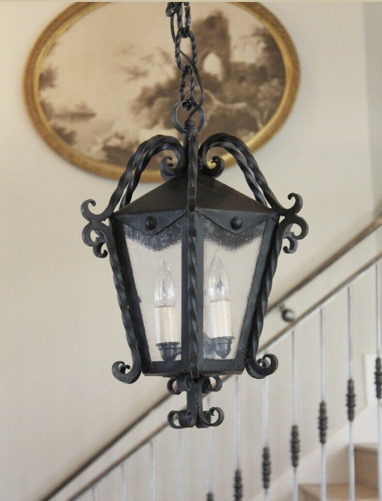 1800s French Antique Hand Wrought Iron Hanging Lantern Light Pendant Gorgeous