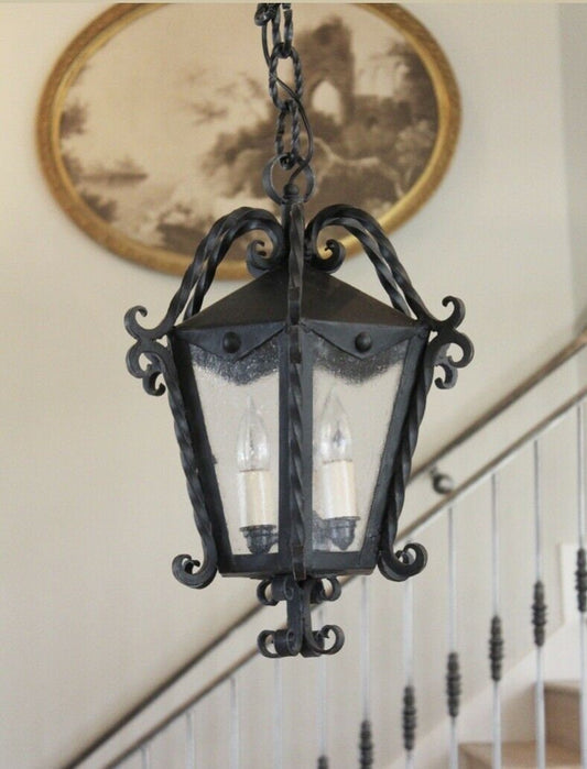 1800s French Antique Hand Wrought Iron Hanging Lantern Light Pendant Gorgeous