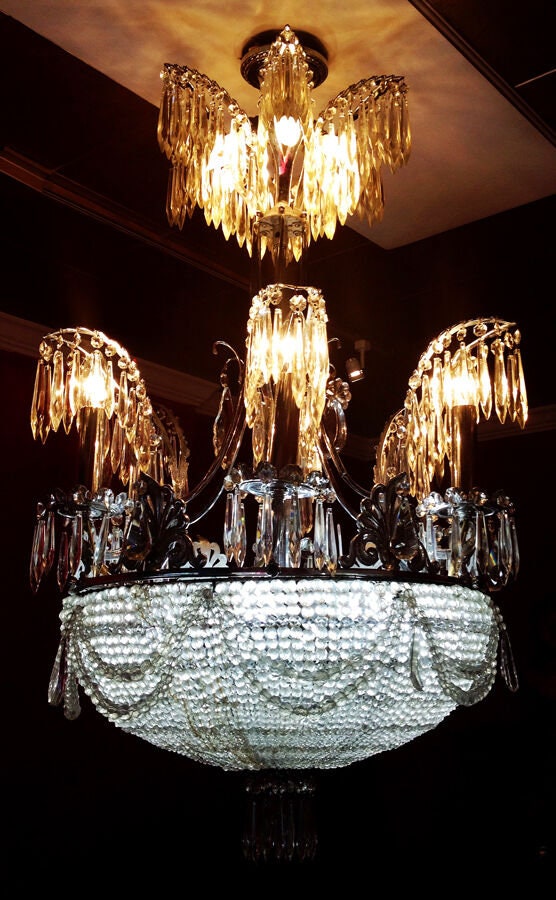 1920s Incredible Rock Crystal Chandelier w/Beaded Dome Paris France Luxury Hotel