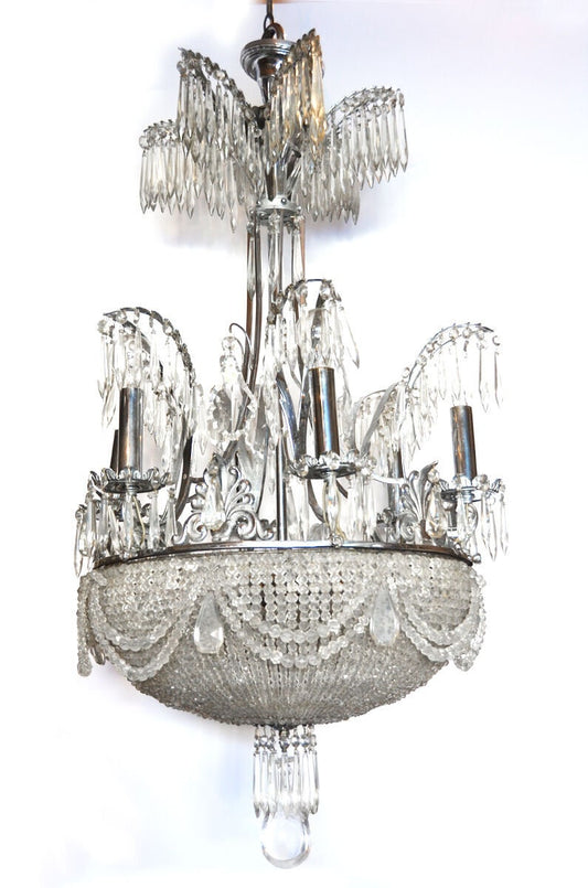 1920s Incredible Rock Crystal Chandelier w/Beaded Dome Paris France Luxury Hotel