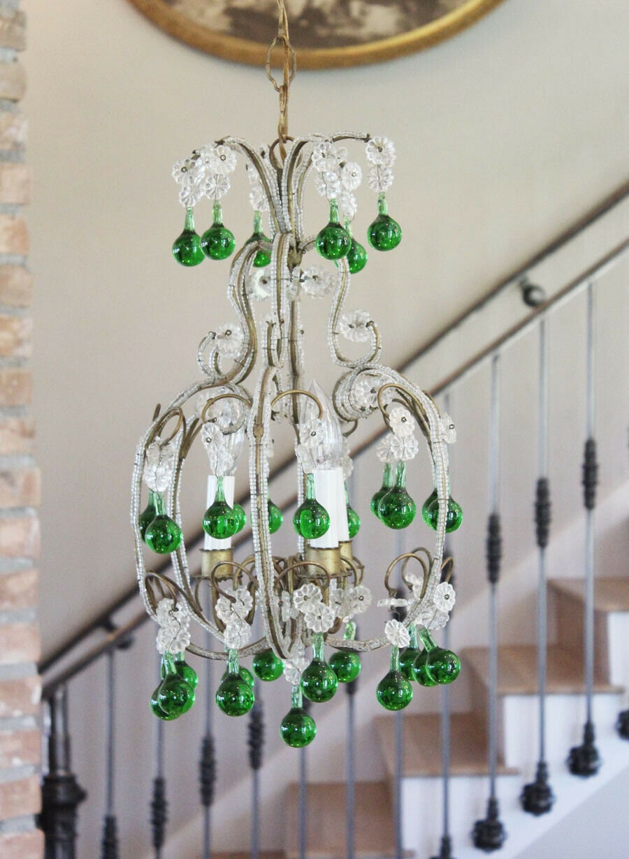Antique Italian Rare Green Beaded Baubles Chandelier Gorgeous