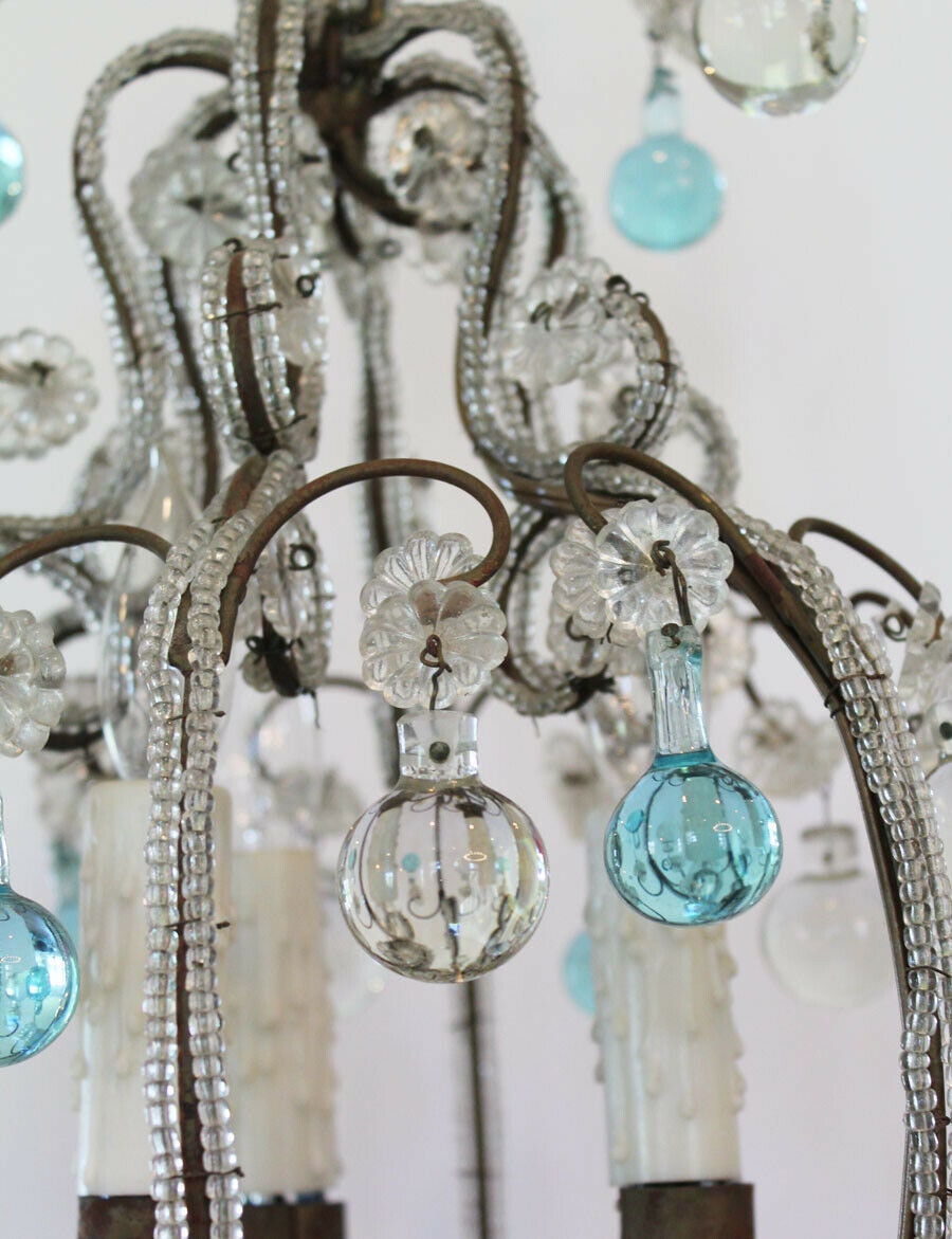 Antique Italian Rare Aqua Beaded Baubles Chandelier Gorgeous