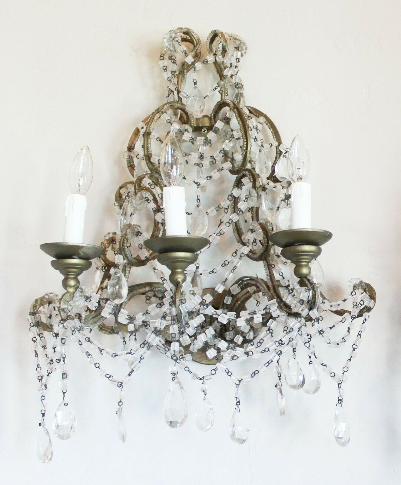 Antique Pair Italian Beaded Wall Sconces Three Arm Gorgeous!