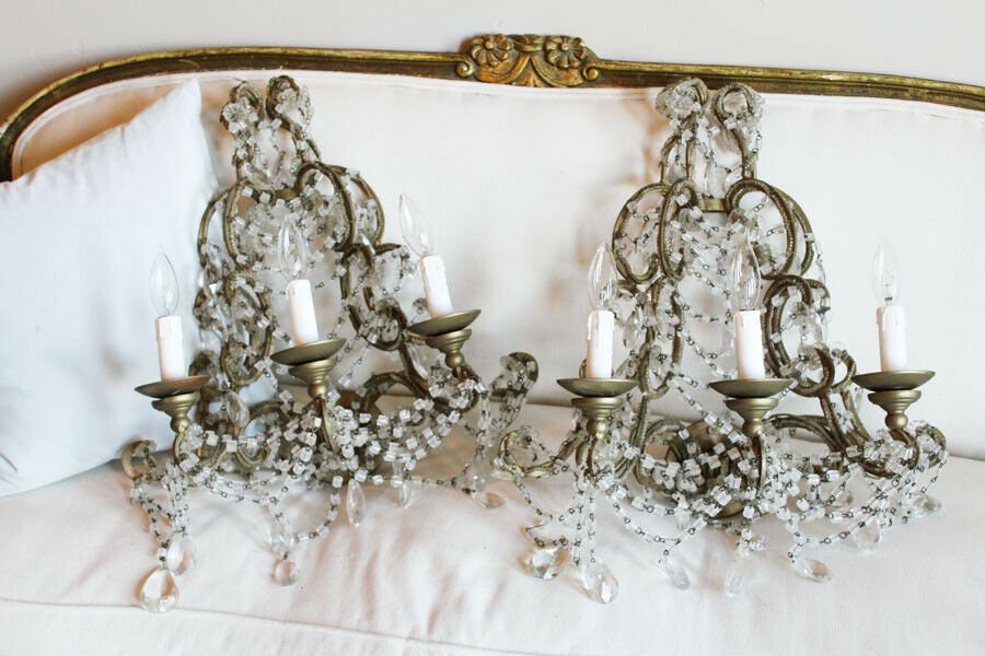 Antique Pair Italian Beaded Wall Sconces Three Arm Gorgeous!