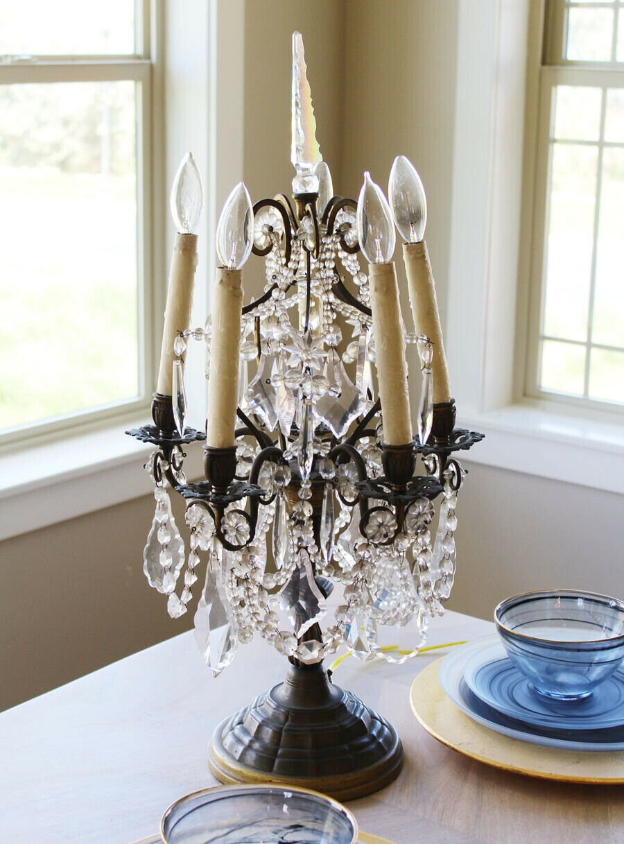 Antique Stunning French Bronze Table Chandelier Girandole Rock Crystal Beading