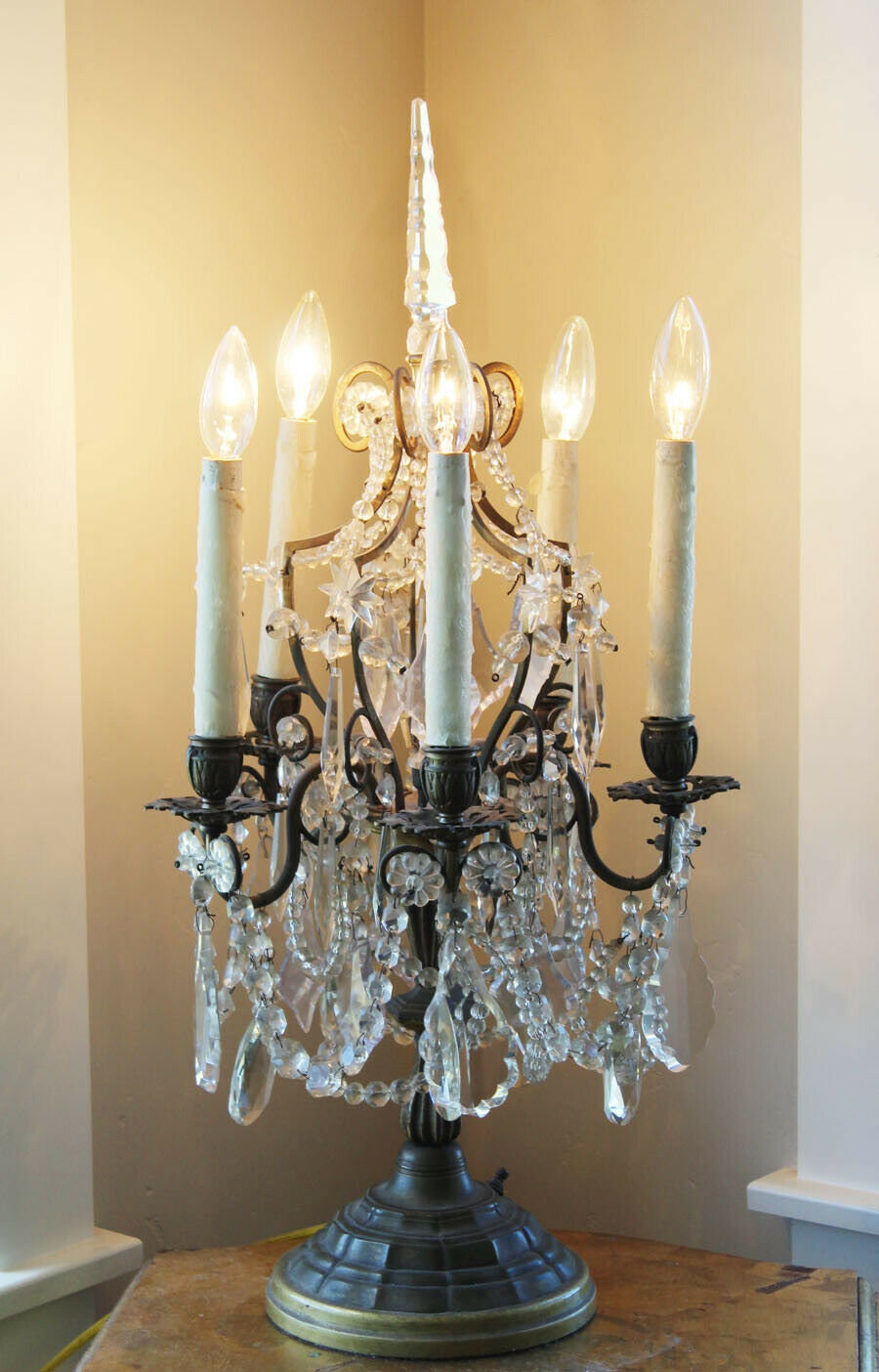Antique Stunning French Bronze Table Chandelier Girandole Rock Crystal Beading