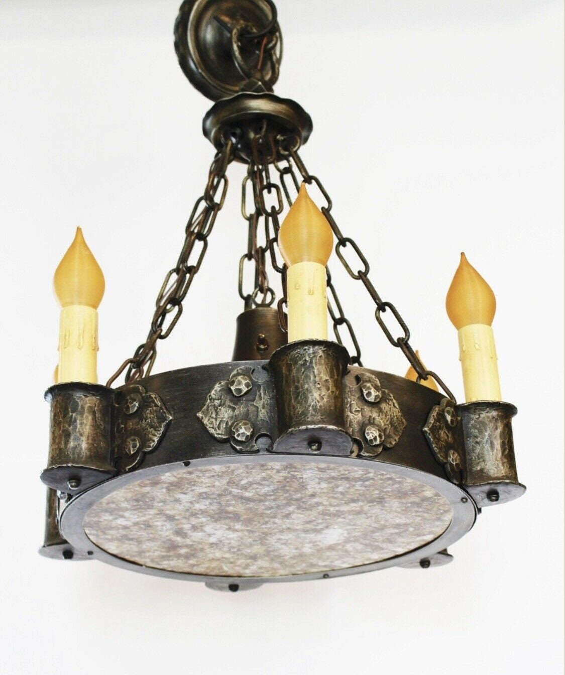 Antique Wrought Iron w/Mica Gothic Chandelier French Candelabra Light