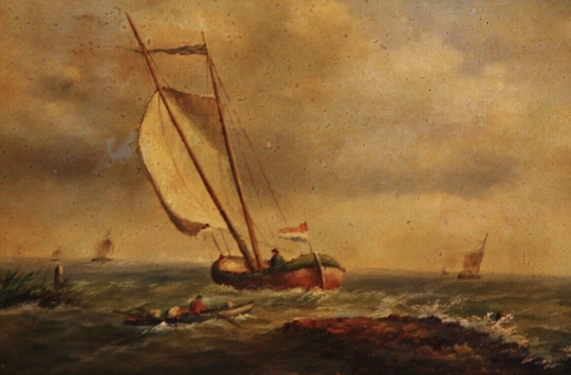Late 19th C Antique French Oil Seascape Sailboat Painting Gilt Frame Veen