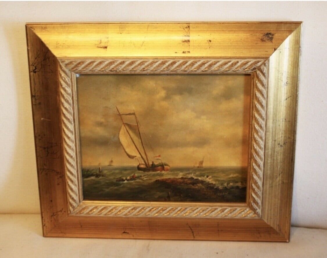 Late 19th C Antique French Oil Seascape Sailboat Painting Gilt Frame Veen