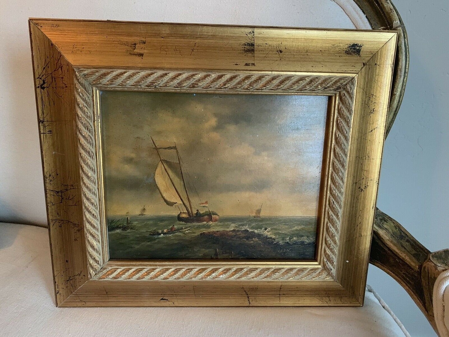 Late 19th C Antique French Oil Seascape Sailboat Painting Gilt Frame Veen