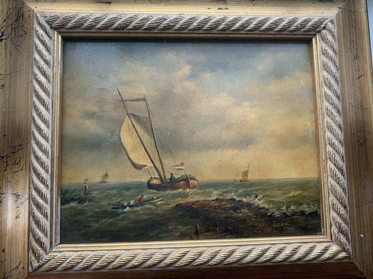 Late 19th C Antique French Oil Seascape Sailboat Painting Gilt Frame Veen