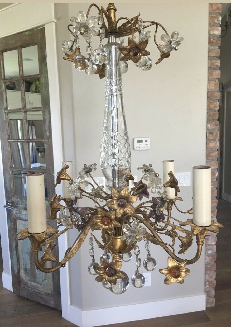 Maison Bagues Antique Rare Bronze Flowers Crystal Chandelier Gorgeous