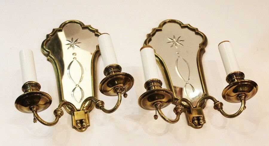Pair Antique French Brass Etched Mirror Wall Sconces