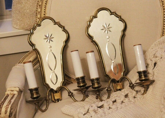 Pair Antique French Brass Etched Mirror Wall Sconces