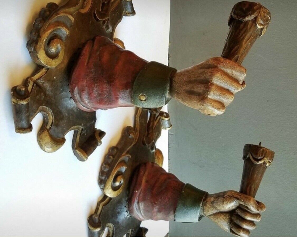 Pair Antique Italian Wood Hand Carved Hand Sconces Rare And Gorgeous