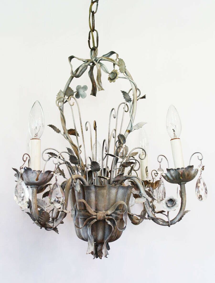 Rare Antique Italian Tole Flower Basket Silver Gilt Chandelier