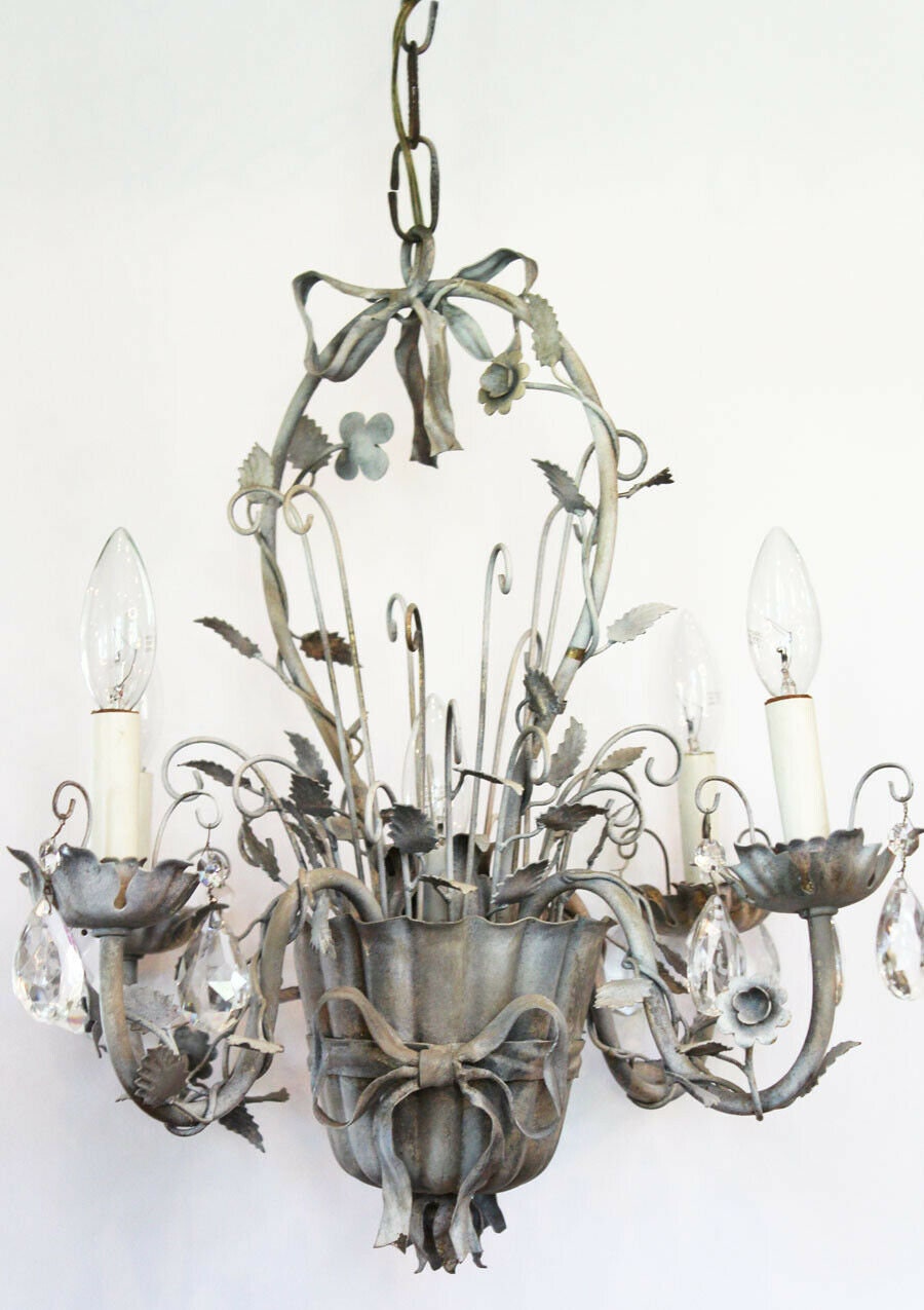 Rare Antique Italian Tole Flower Basket Silver Gilt Chandelier