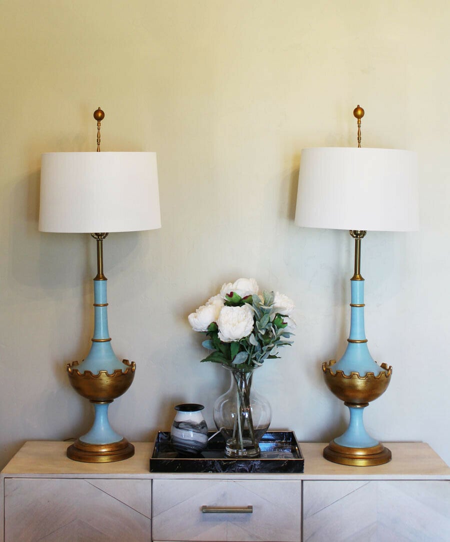 Pair Light Blue Antique Italian Lamps Mod Glam Gorgeous
