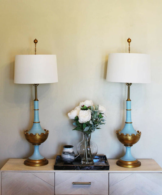 Pair Light Blue Antique Italian Lamps Mod Glam Gorgeous