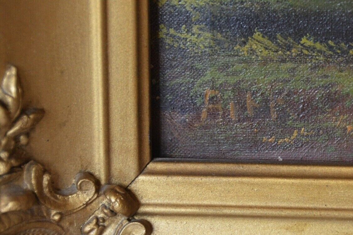 Victorian Signed Oil Painting on Canvas Landscape Original Water Gilt Wood Frame