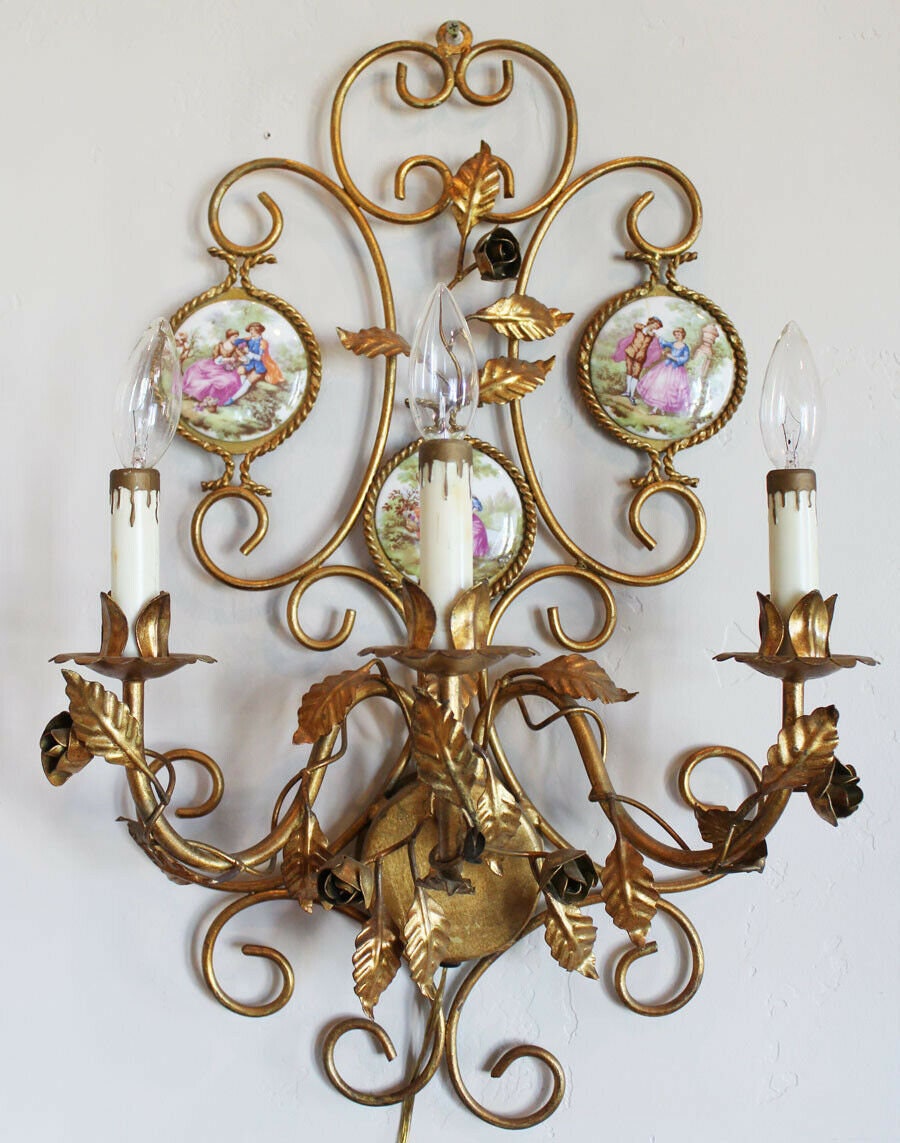 Pair Antique Made in Italy Porcelain Cameo Romance Scenes Wall Sconces