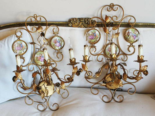 Pair Antique Made in Italy Porcelain Cameo Romance Scenes Wall Sconces
