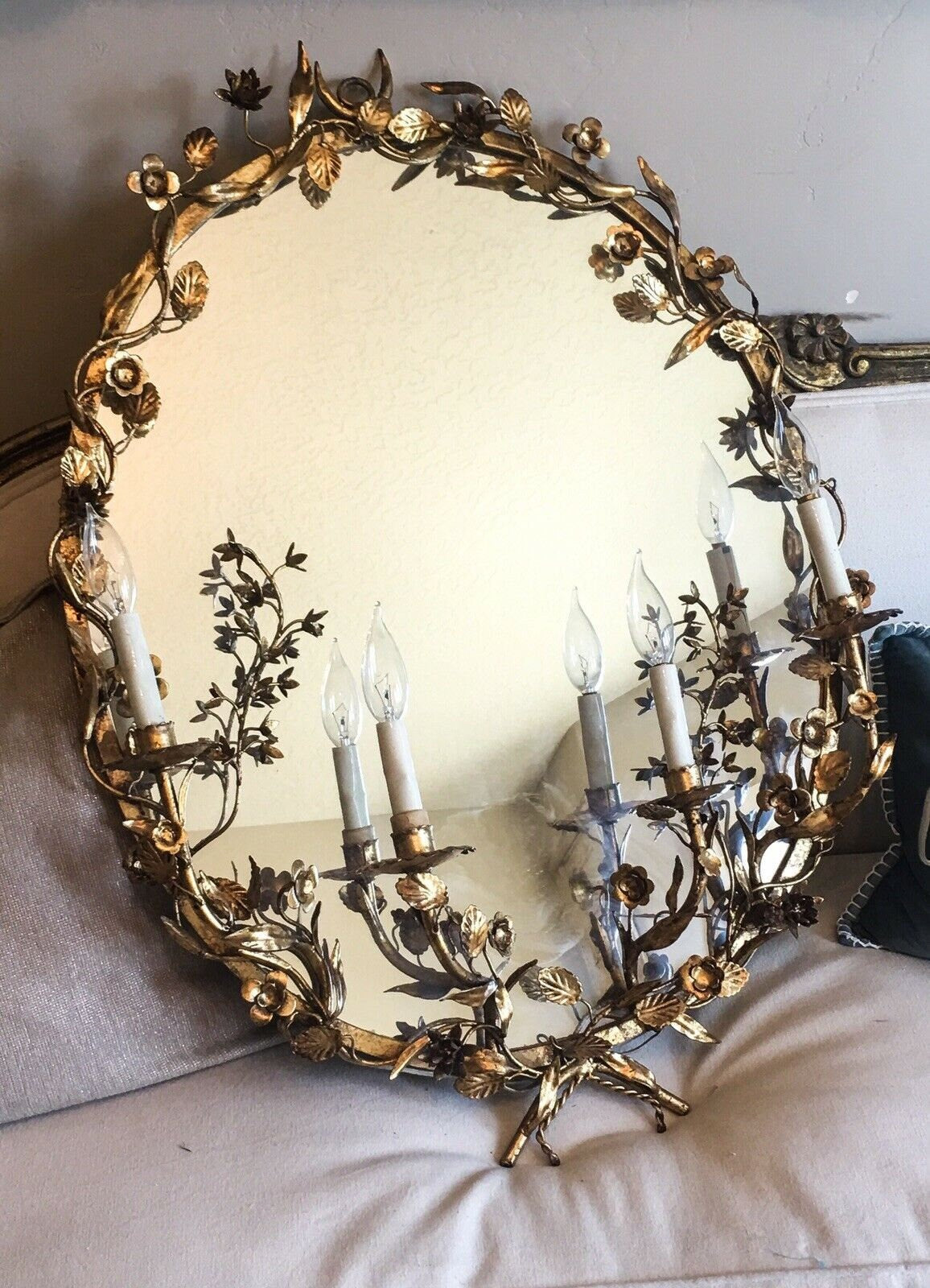 Rare Antique Italian Tole Lighted Mirror Sconce Incredible