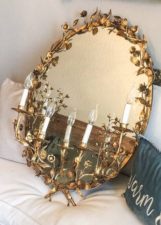 Rare Antique Italian Tole Lighted Mirror Sconce Incredible