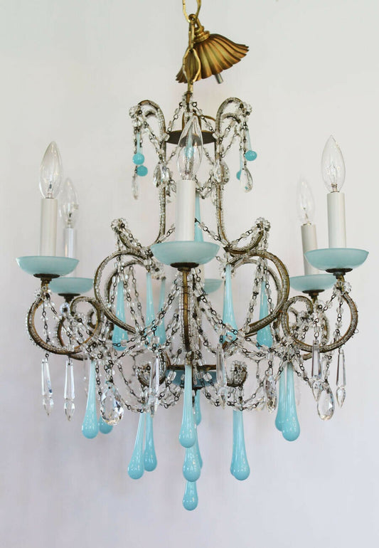 Rare Italian Beaded Antique Aqua Opaline Chandelier