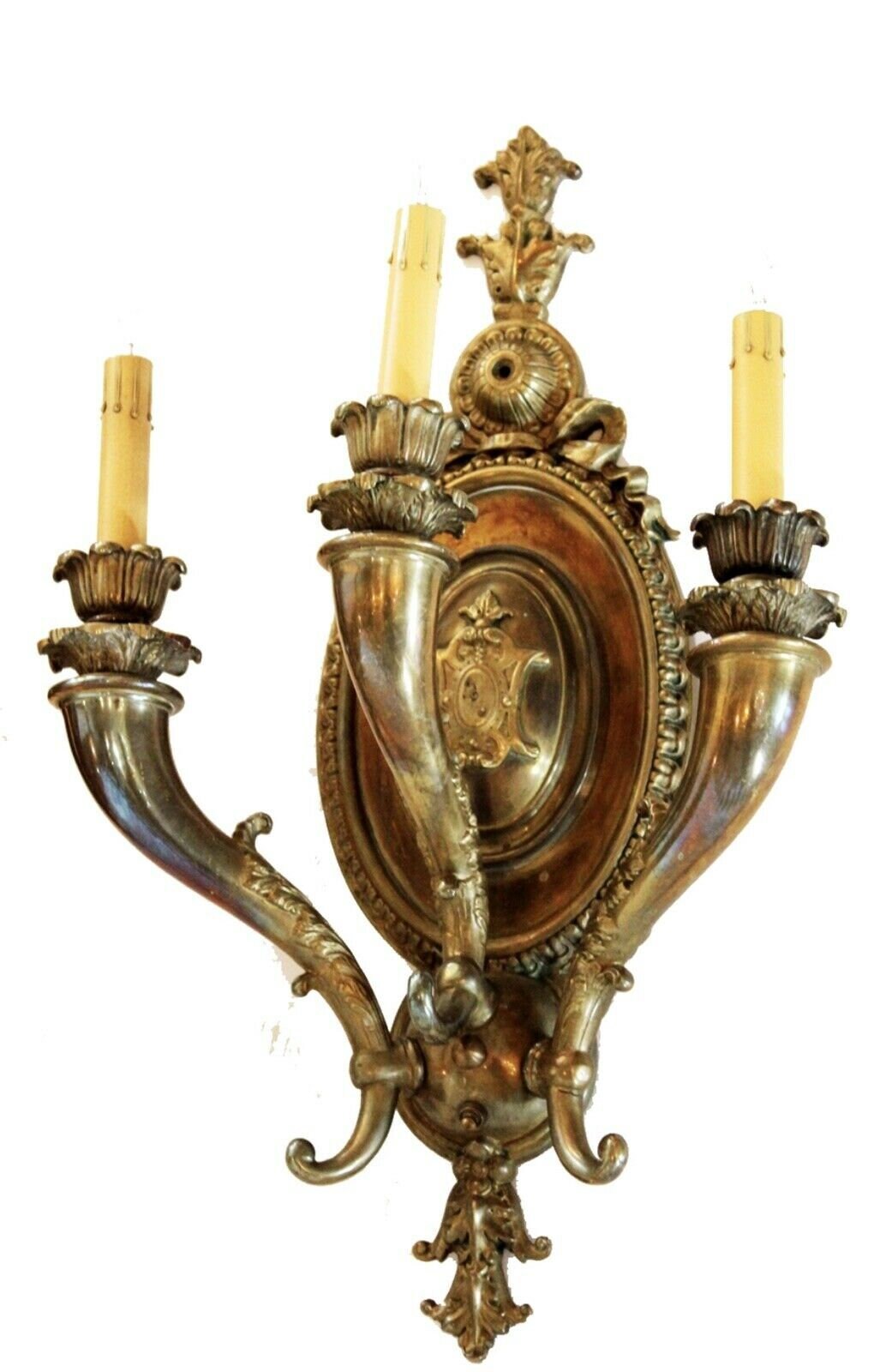 Xlarge Antique Grand Pair Three Arm French Bronze Wall Sconces Gorgeous!