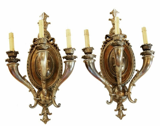 Xlarge Antique Grand Pair Three Arm French Bronze Wall Sconces Gorgeous!